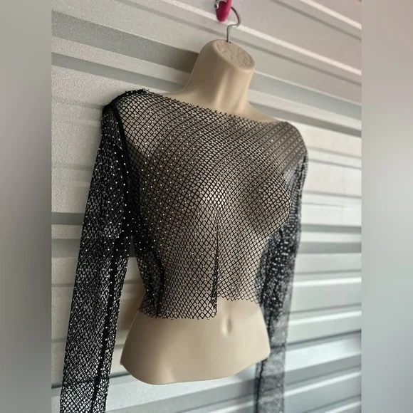 Mesh Black Sequin Long Sleeve Festival Top One Size - Picture 6 of 11